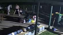 Security footage shows Mr Jamieson's neighbour Robyn Watts holding a baseball bat to warn off the group when husband Wayne emerged from the home with a loaded shotgun.