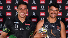 Joseph Tapine and Latrell Mitchell ahead of the 2024 NRL All Stars. 