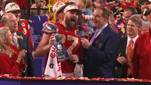 Travis Kelce delivers a wild post-game speech after the Chiefs win the Super Bowl.
