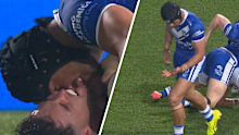 Stephen Crichton and Kyle Flanagan during the incident (left) and Crichton checks for blood (right).