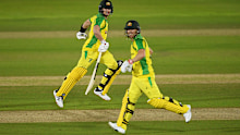 David Warner and Steve Smith playing a T20 international for Australia in 2020. 