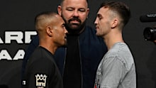 Sam Goodman and Mark Schleibs square off at the No Limit press conference.
