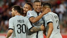 Kylian Mbappe is congratulated after scoring in eight seconds. 