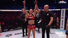 Cris Cyborg defends her PFL women's featherweight world title, securing the victory with a rear-naked choke submission.