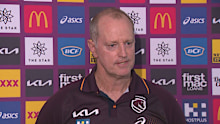 Broncos coach Michael Maguire speaks to media.