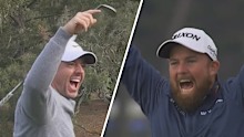 Rory McIlroy and Shane Lowry celebrate hitting holes in one during the opening round of the Pebble Beach Pro Am.