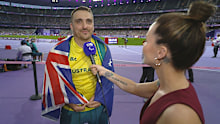 Michal Burian reacts to his javelin bronze medal.
