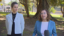 Social services minister Amanda Rishworth announces $3.5 million for consent education funding with Teach Us Consent founder Chanel Contos.