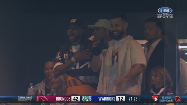 Patty Mills at the Broncos-Warriors NRL Preliminary final.
