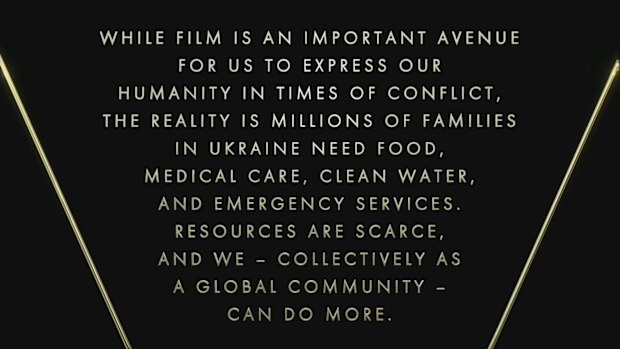 Statement regarding Ukraine displayed during 2022 Oscars.