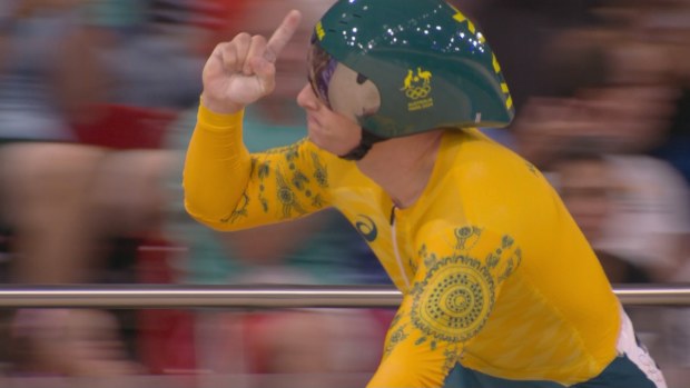 Matthew Richardson celebrates after breaking the world record in qualifying for the men's sprint at the Olympic Games.