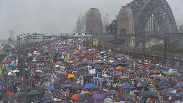 A shot from above shows the scale of the protest, as thousands joined to march across the Sydney Harbour Bridge for pro-Palestine.
