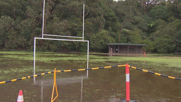 Image of a flooded sports field in Cammeray, Sydney.