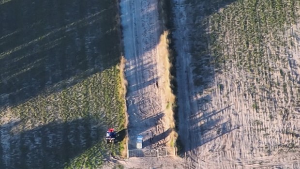 A shocking drone video shows a man allegedly kicking, punching and dragging greyhounds while the dogs cower and try to run away on a property near Murray Bridge in Adelaide's southeast.