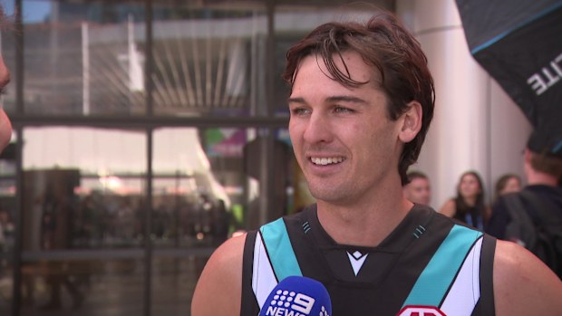 Connor Rozee speaks to Nine at the AFL Captain's Day.