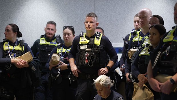 Hours earlier, at an 9am briefing, Deputy Commissioner Bob Hill warns his members that today's protest could be volatile if feuding far-right and far-left groups come face-to-face.