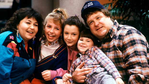 The original cast of Roseanne (from left to right): Roseanne Barr), Lecy Goranson, Sara Gilbert, Michael Fishman and John Goodman.