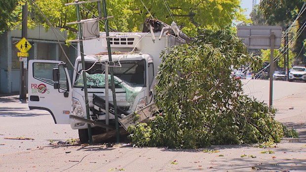 Businesses in Sydney's South are without power tonight after a truck crash brought down wires.The driver's day only got worse following the incident, with his vehicle catching on fire.
