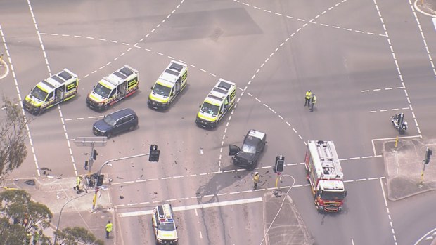 One person has been cut out of a car after a multi-vehicle crash in Sydney's south-west. Two cars collided on Camden Valley Way just before 11.30am today. 