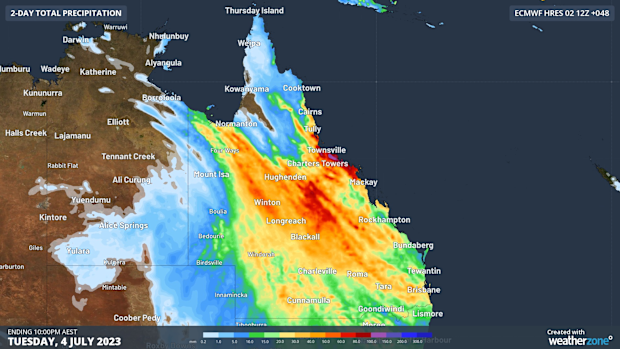  Forecast accumulated rain during the 48 hours ending at 10pm AEST on Tuesday, July 4, 2023, according to the ECMWF-HRES model