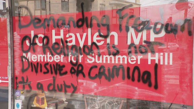 A man has been arrested after Transport Minister Jo Haylen's office was graffitied in Sydney's Inner West today. 
