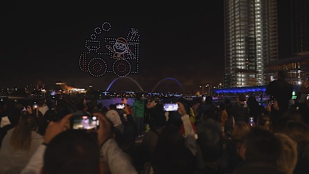 A futuristic Christmas celebration in Perth went wrong when 50 drones worth $100k plunged into the Swan River river.City of Perth's mayor blamed '"technical issues" for the mishap at the city's Summer Nights City of Lights event on Sunday night.