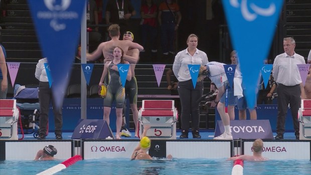 Australia's mixed 4x100m medley relay 34 points react to winning gold.