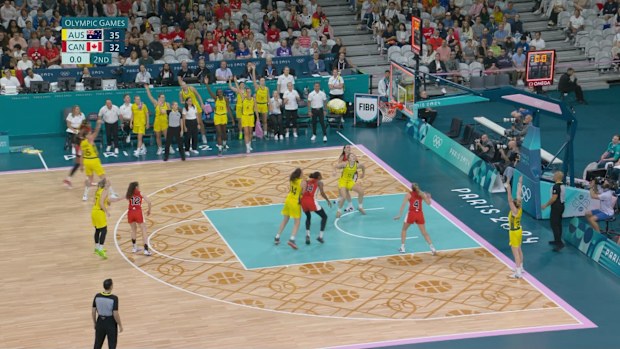 Kayla George's insane buzzer beater on half time for the Opals against Canada.