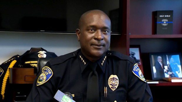 Stockton Police Department Chief Stanley McFadden speaks during a presser on October 1, 2022.