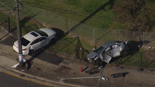 Damaged cars at the scene of the crash.