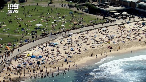 People can be seen here on the sand and grass at Coogee.