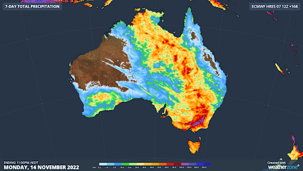 Forecast accumulated rain during the 7 days ending at 11pm AEDT on Monday, November 14, according to the ECMWF-HRES (top), GFS (middle) and ACCESS-G (bottom) models.