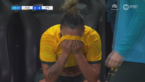 Chloe Logarzo breaks down in tears after being subbed out of the match against Chinese Taipei. 