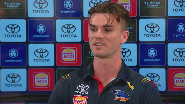 Adelaide Crows midfielder Ben Keays addresses the media.