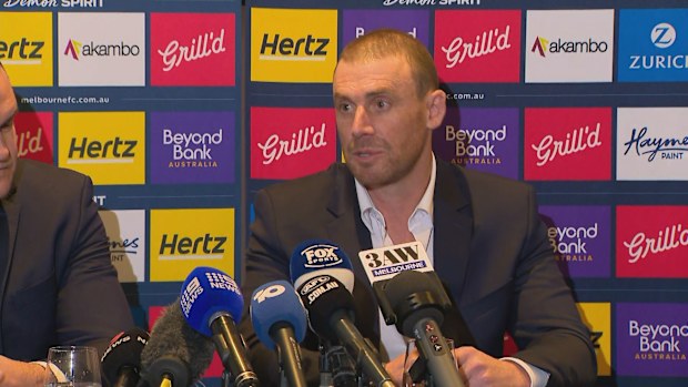 Sacked Demons coach Simon Goodwin speaks to media.