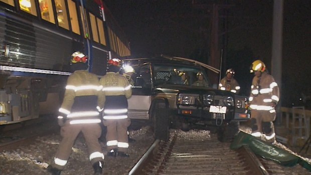 A car that got hit by a train in Adelaide.
