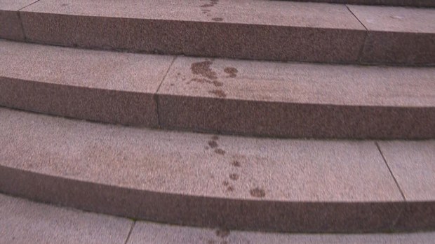 Two men allegedly sprayed an unknown oil-based substance on the Anzac memorial