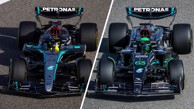 The 2023-spec Mercedes W14 (left) and the new-for-2024 W15 (right).