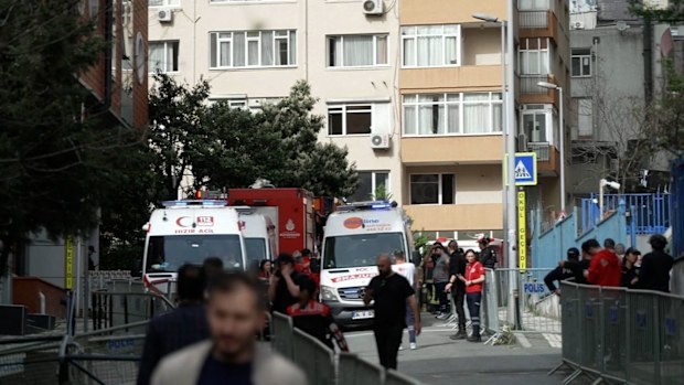 Emergency services outside the Istanbul nightclub where a deadly fire broke out on Tuesday, April 2.