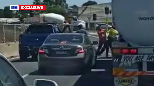 Two men have been captured brawling in traffic on a Melbourne road in an alleged road rage incident.