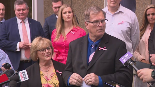 Lynette Dawson's family, including brother Greg Simms, speaks outside court after the sentencing of Chris.