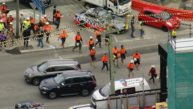 A crane has collapses at the Sydney Fish Market building site.