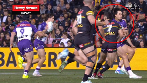Nathan Cleary is prevent from defending after colliding with Jack Howarth.