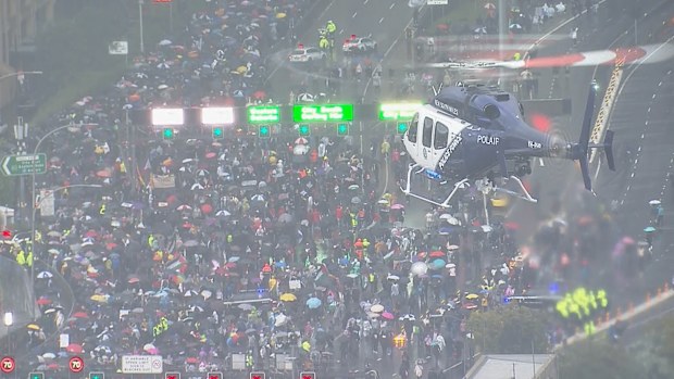 Aerial shot of Sydney Harbour Bridge during pro-Palestine protest