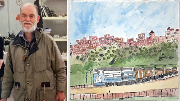Malcolm, pictured at the Arts Project Australia studio, and (right) one of his artworks.