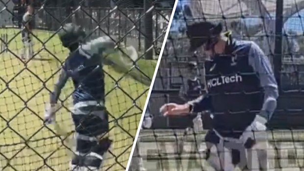 Steve Smith was struck on the finger while facing throw-downs from Marnus Labuschagne during a training session at the Adelaide Oval ahead of the second Test against India.