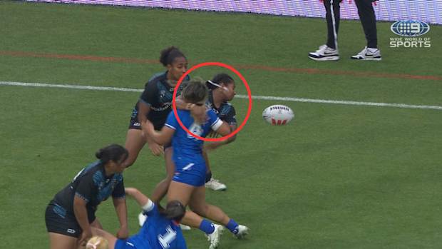 Sarina Masaga tackled by Sienna Laing. Pacific Championships 2024 Samoa v Fiji