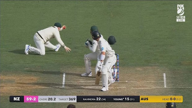 Steve Smith took a stunning catch to dismiss Rachin Ravindra on day three.