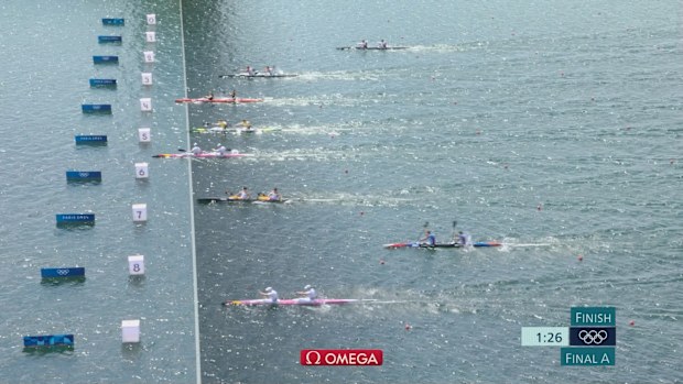 The photo finish in the men's K2 500m final.