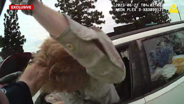 Curtis Owen lashed out at the police officer, spat on him and kicked the door into him. Strathpine in Queensland, June 2023.